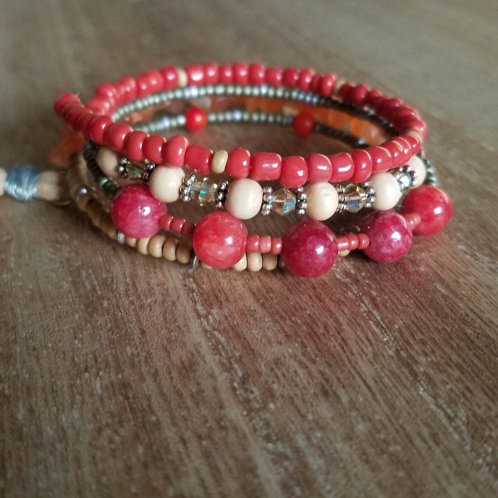 Coral and Wood Beaded Wrap Bracelet